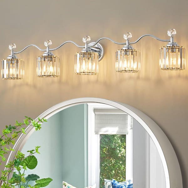 Modern Luxury 44.5 in. 5-Light Chrome Vanity Light with Crystal Shade for Bathroom