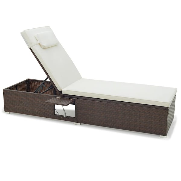 ANGELES HOME Wicker PE Rattan Outdoor Chaise Lounge with 6 Level Backrest, Off White Cushions