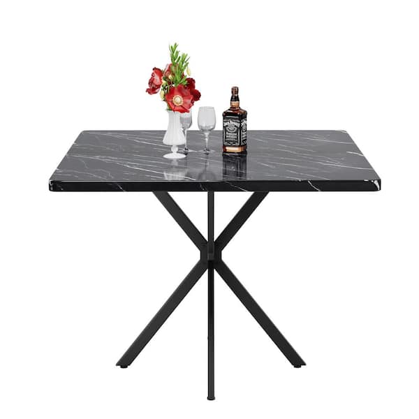 CSC DECOR INC Black Wood 38.6 in. Square Pedestal Dining Table for 4-6 Person Mid Century Small Coffee Table with Heavy Duty Metal Leg