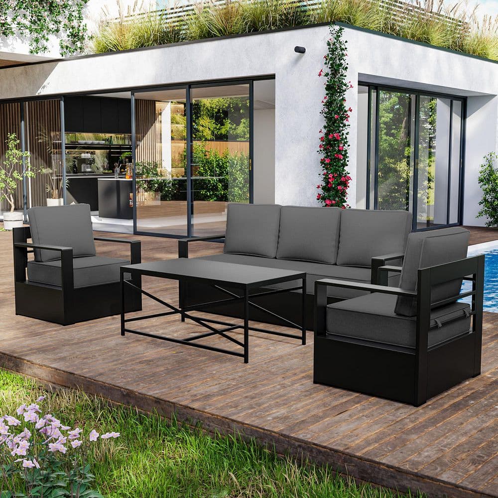 4-Piece Oversized Metal Patio Conversation Seating Set with 6 in. Dark Gray Cushions and Coffee Table price history on PriceWatchPro