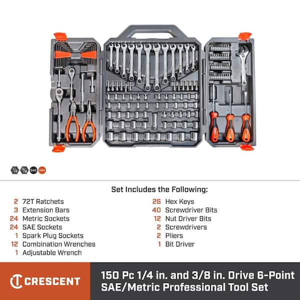 Crescent 1 4 In And 3 8 In Drive 6 Point Sae Metric Professional Tool Set 150 Piece Ctk150 The Home Depot
