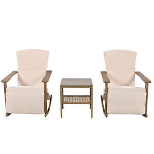 Natural Wicker Adjustable Double Outdoor Rocking Chair with Beige Cushions, Coffee Table for Backyard, Garden, Poolside