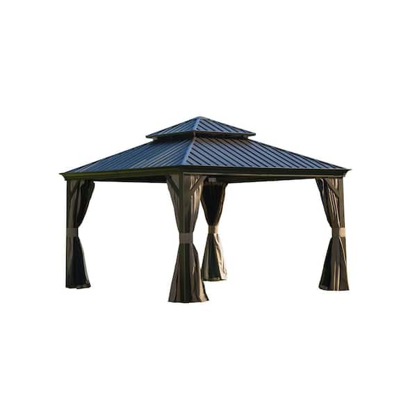 12 ft. x 12 ft. Outdoor Brown Aluminum Hardtop Gazebo with Galvanized Steel Double Roof with Curtain and Netting