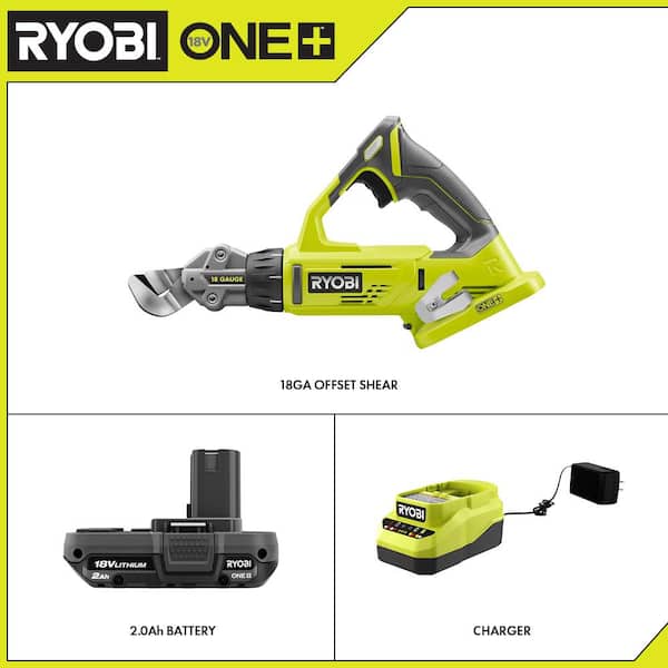RYOBI ONE+ 18V Cordless 18-Gauge Offset Shear with 2.0 Ah Battery