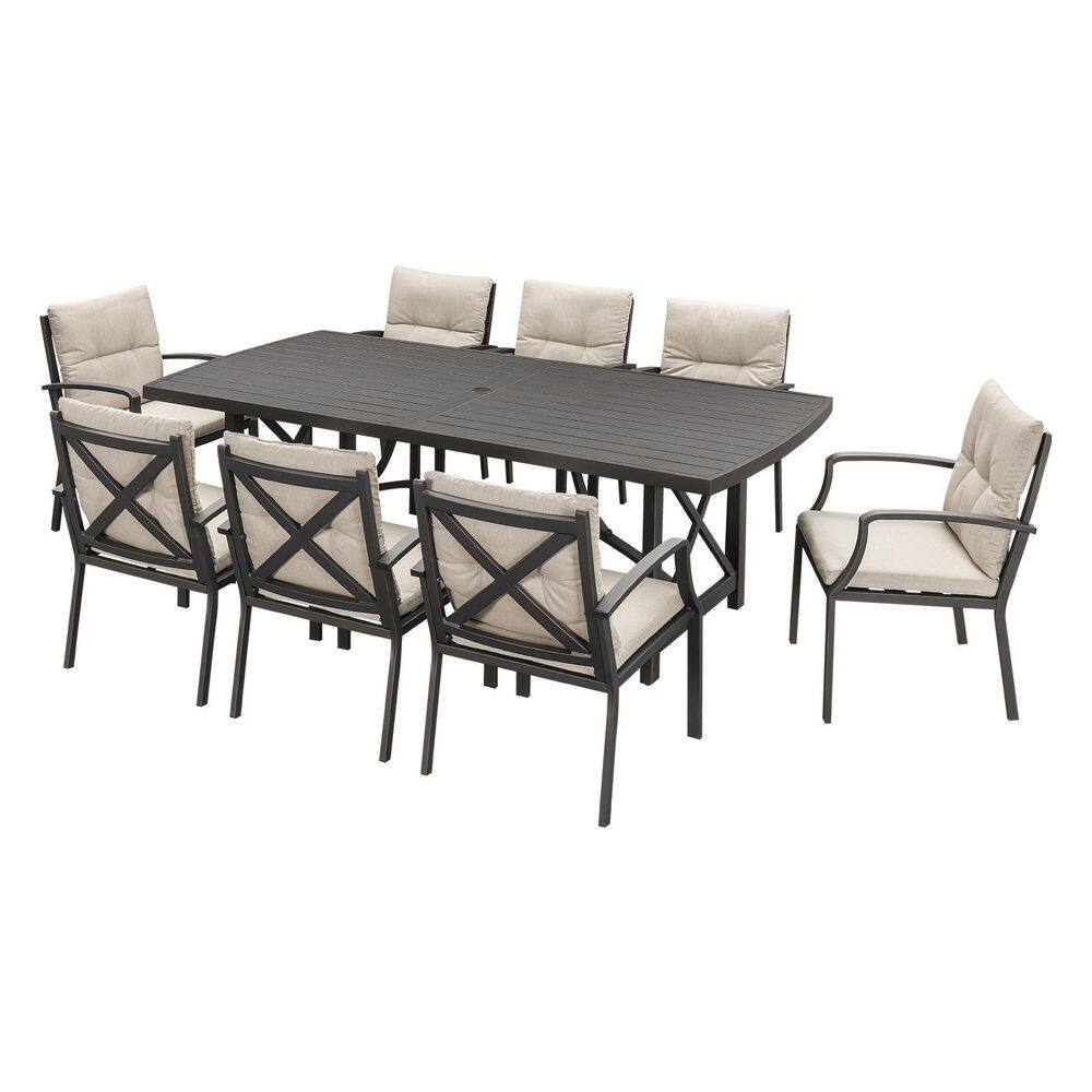 Gunmetal 9-Piece Aluminum Outdoor Dining Set with Rectangular Dining Table and Beige Cushions