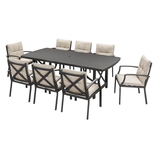 Gunmetal 9-Piece Aluminum Outdoor Dining Set with Rectangular Dining Table and Beige Cushions