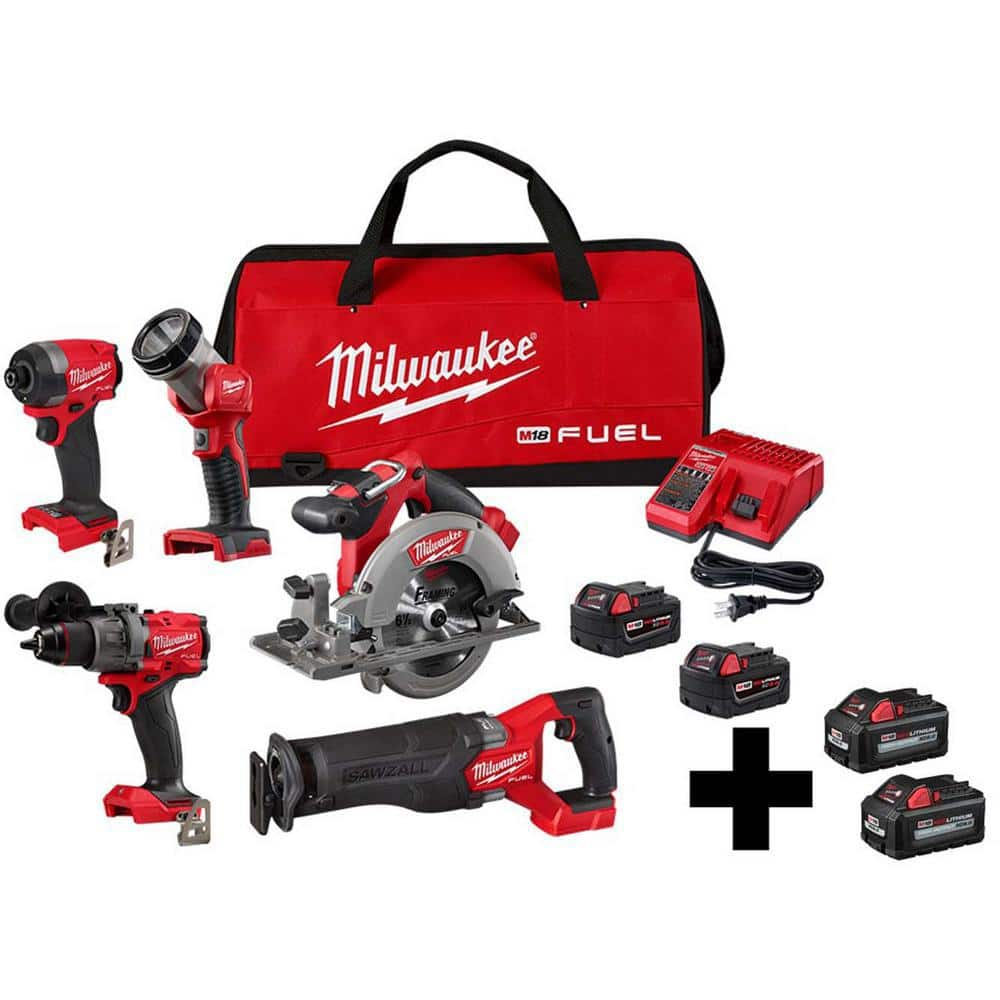 M18 FUEL 18-Volt Lithium-Ion Brushless Cordless Combo Kit (5-Tool) with (2) High Output 6.0 Ah Batteries -  Milwaukee, 3697-25-48-