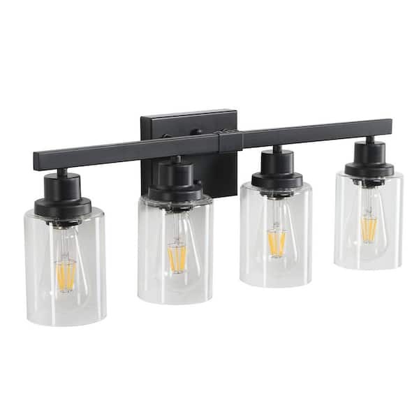 VEVETTA 24.2 in. Farmhouse 4-Light Black Bathroom Vanity Light Vintage Wall Light with Clear Glass Shade, Bulbs Not Included