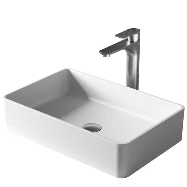 Karran Quattro QM176 Matte White Acrylic 21 in. Rectangular Bathroom Vessel Sink with Faucet and drain in Stainless Steel