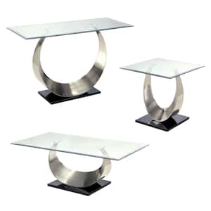 Clarkton 3-Piece 48 in. Satin Plated and Black Rectangle Glass Coffee Table Set