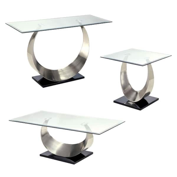 Furniture of America Clarkton 3-Piece 48 in. Satin Plated and Black Rectangle Glass Coffee Table Set