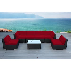 Black 7-Piece Wicker Patio Seating Set with Supercrylic Red Cushions