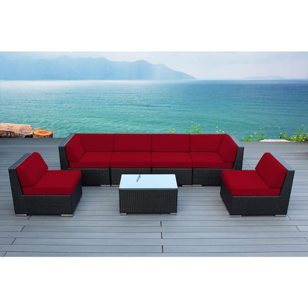 Ohana Depot Black 7-Piece Wicker Patio Seating Set with Supercrylic Red Cushions
