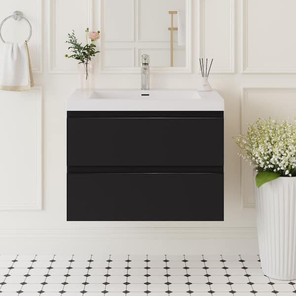30 in. W x 19-3/4 in. D x 22-1/5 in. H Bathroom Wall Hung Vanity in Black with Single Basin Vanity Top in White Resin