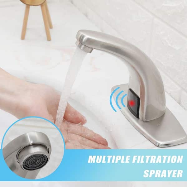 Automatic Sensor Touchless Single Hole Bathroom Sink Faucet with Deck Plate in Brushed Nickel