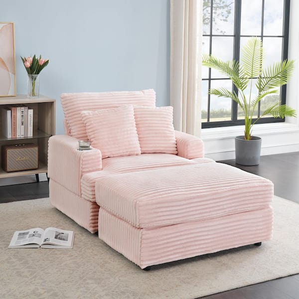 59 in. W Spring Upholstered Armchair Square Arm Corduroy Square Sofa in Pink with Cup Holder