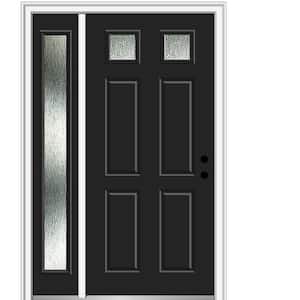 48 in. x 80 in. Left-Hand Rain Glass Inswing Black Fiberglass Prehung Front Door on 4-9/16 in. Frame