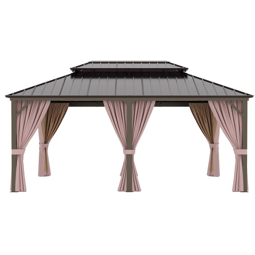 Extra Large Brown Metal Patio Gazebo with Dual Track Curtains