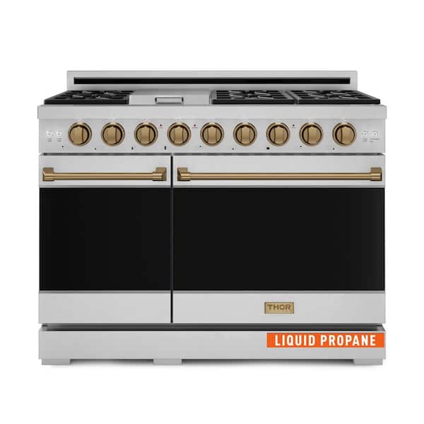Gordon Ramsay Series 48 in. 6-Burners Double Oven Gas Range in SS/Bronze with Convection and Grill in Propane
