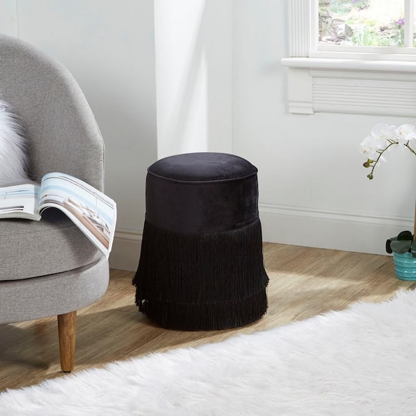 Decor Therapy Royce Black Fringe Velvet Upholstered Ottoman