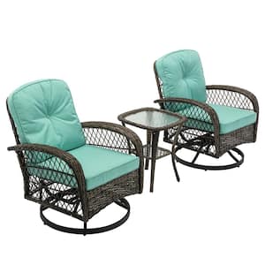 3-Piece Outdoor Wicker Modern Swivel Patio Conversation Set with Green Cushions