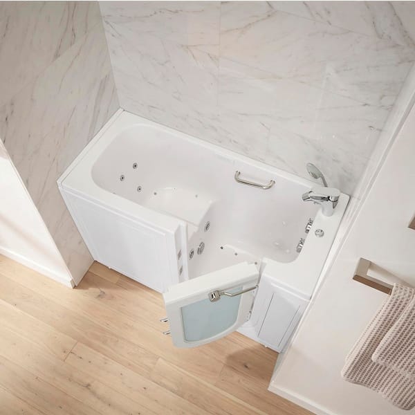 Lounger 60 in. Acrylic Walk-In Whirlpool and Air Bath Bathtub in White, Fast Fill Faucet Set, RHS 2 in. Dual Drain