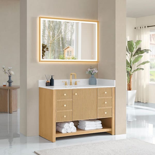 Cecil 48 in. Single Freestanding White Oak Bath Vanity with Grain White Engineered Stone Top Assembled