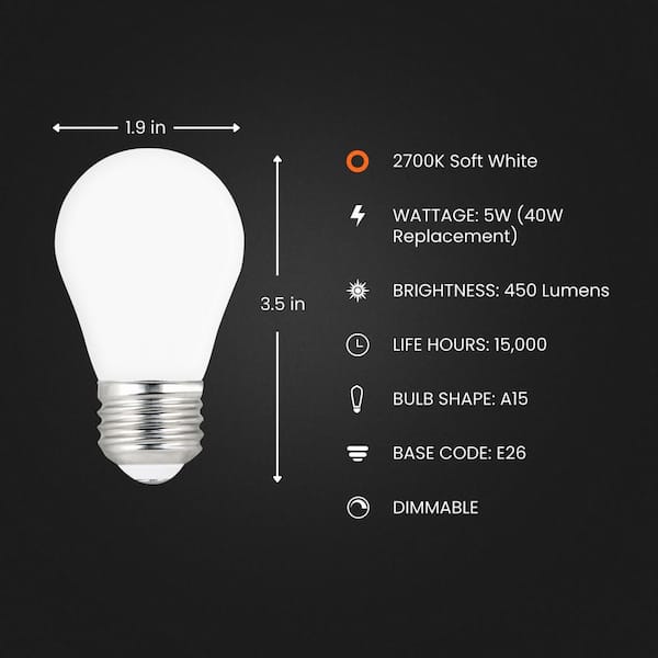 40-Watt Equivalent A15 Frosted Glass E26 Base Appliance LED Light Bulb, Soft White 2700K
