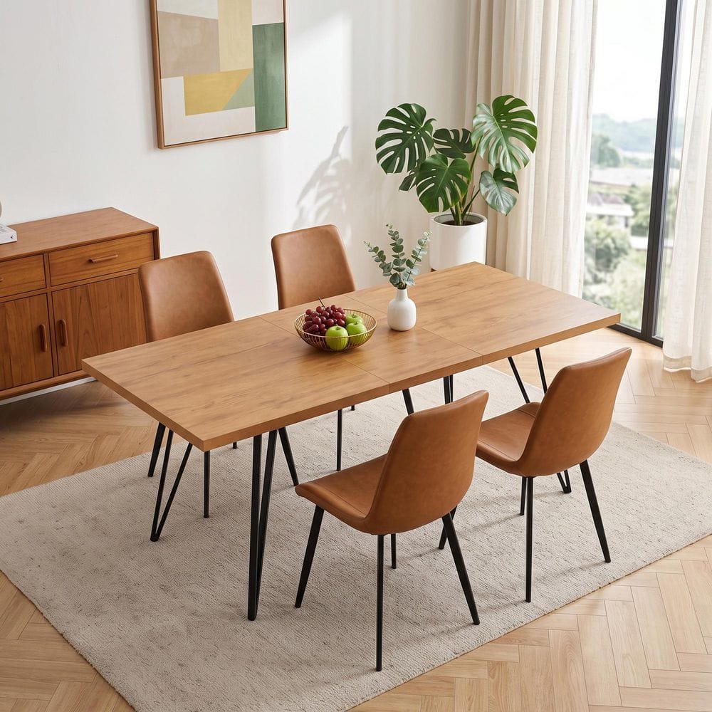 5-Piece Set Brown Chairs and Oak Rectangular Dining Table, Dining Table Set, Dining Room Set with 4 Chairs