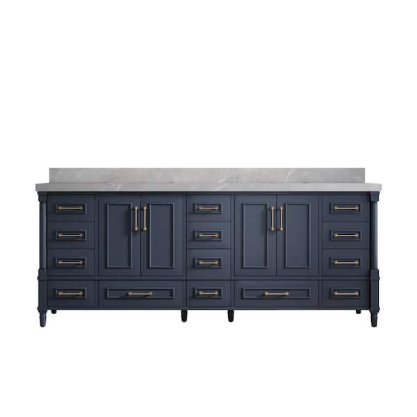 Willow Collections Hudson 84 in. W x 22 in. D x 36 in. H Double Sink Bath Vanity in Navy Blue with 2" Pearl Gray Top