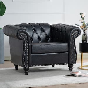 38.98 in. Rolled Arm Rectangle Faux Leather Nailhead Trim and Button Tufted 1 Seat Sofa Accent Chair in Black