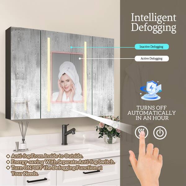 NTQ 40 in. W x 30 in. H Defogging Medium Rectangular Black Aluminum Surface Mount LED Bathroom Medicine Cabinet with Mirror