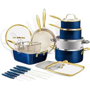 Natural Collection 20-Piece Aluminum Ultra Performance Ceramic Nonstick Cookware Set in Navy with Gold Handles