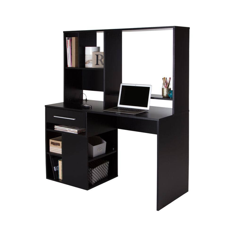 Pure Black Contemporary Home Office Desk with Hutch and USB Ports