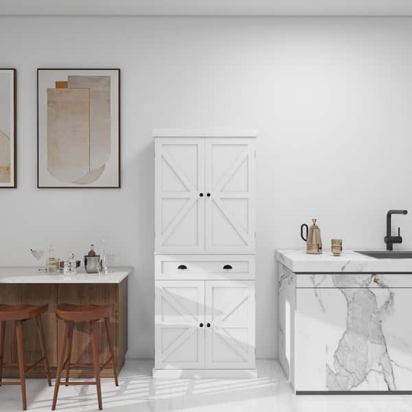 29.92inx15.75nx71.65in White Mi-character MDF Kitchen Cabinet with 4 Doors, 1 Drawer and 2 Adjustable Shelves