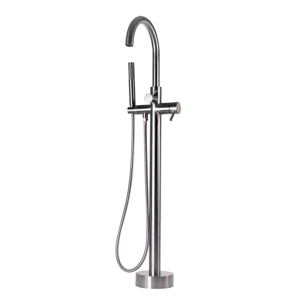 Satin Nickel Floor Mount Freestanding Bathtub Filler Faucet with Handheld Shower