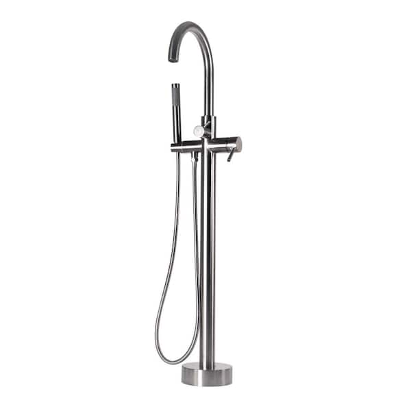 Westbrass 39 in. Floor Mount Freestanding Bathtub Filler Faucet with Handheld Shower, Satin Nickel