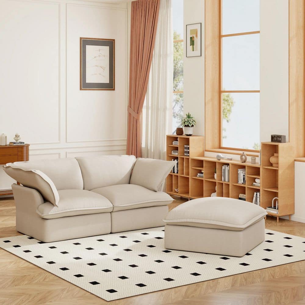 Pine Wood 83 in. Flared Arm Linen Down Filled Deep Seat Modular Sofa 2-Seats with Ottoman, Romovable Covers in. Beige price history on PriceWatchPro