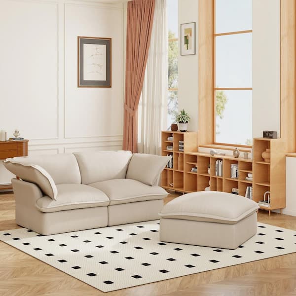 Magic Home Pine Wood 83 in. Flared Arm Linen Down Filled Deep Seat Modular Sofa 2-Seats with Ottoman, Romovable Covers in. Beige
