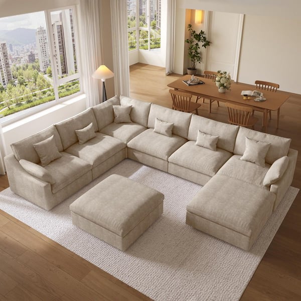 155.9 in. Slope Arm Linen U-Shaped Oversized Down Feather Modular Free Combination Sofa with Ottomans, in Light Brown