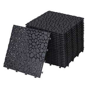 12 in. x 12 in. Black Pebble Pattern Waterproof Plastic Interlocking Floor Tile for Patios and Bathrooms, Set of 12