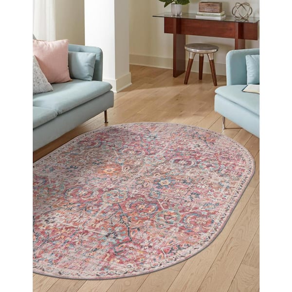 Nostalgia Gossamer Ivory and Pink 4 ft. x 6 ft. Oval Machine Washable Area Rug