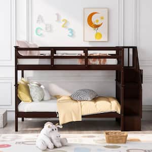 Espresso Twin Bunk Bed with Stairway, Wood Bunk Beds with Book Shelf and Guard Rail, Wood Kids Bunk Bed Frame