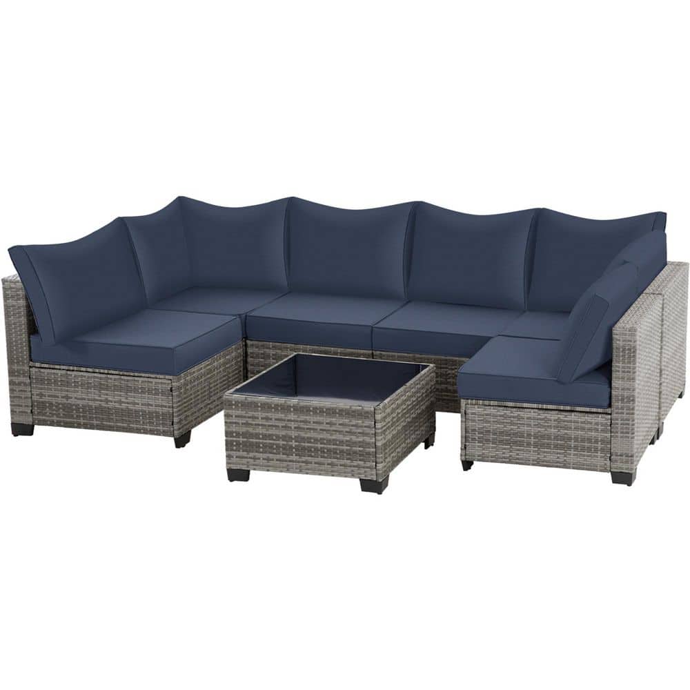 Gray 7-Piece All-Weather Wicker Rattan Outdoor Patio Sectional Sofa with Blue Thick Cushions & Glass Table price history on PriceWatchPro