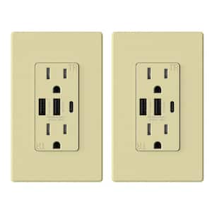 30-Watt 15 Amp 3-Port Type C and Dual Type A USB Duplex USB Wall Outlet, Wall Plate Included, Ivory (2-Pack)