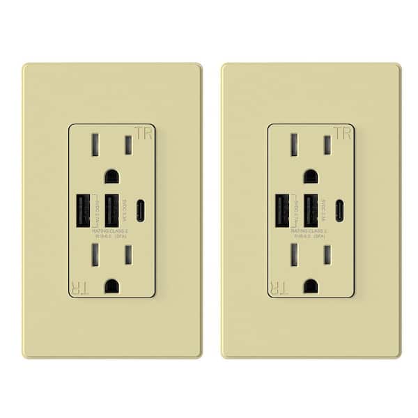 ELEGRP 30-Watt 15 Amp 3-Port Type C and Dual Type A USB Duplex USB Wall Outlet, Wall Plate Included, Ivory (2-Pack)