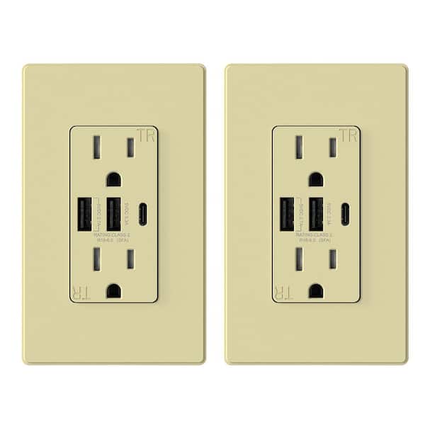 30-Watt 15 Amp 3-Port Type C and Dual Type A USB Duplex USB Wall Outlet, Wall Plate Included, Ivory (2-Pack)