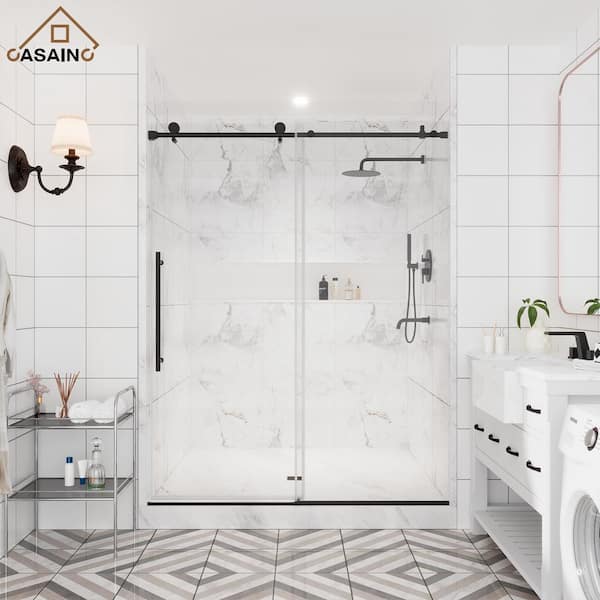 CASAINC 56-60 in. W x 76 in. H Sliding Frameless Shower Door in Matte Black with Clear Glass