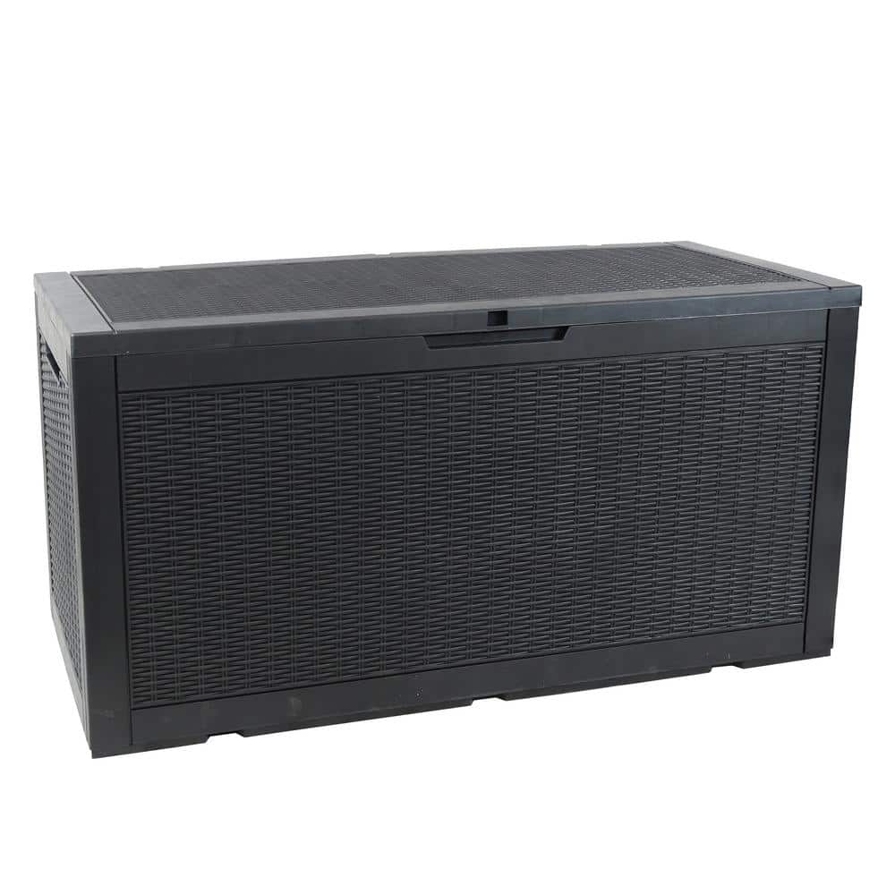 Sunnydaze Faux Rattan 100 Gal. Phantom Gray Deck Box with Sunnydaze Faux Rattan 100 Gal. Phantom Gray Deck Box with