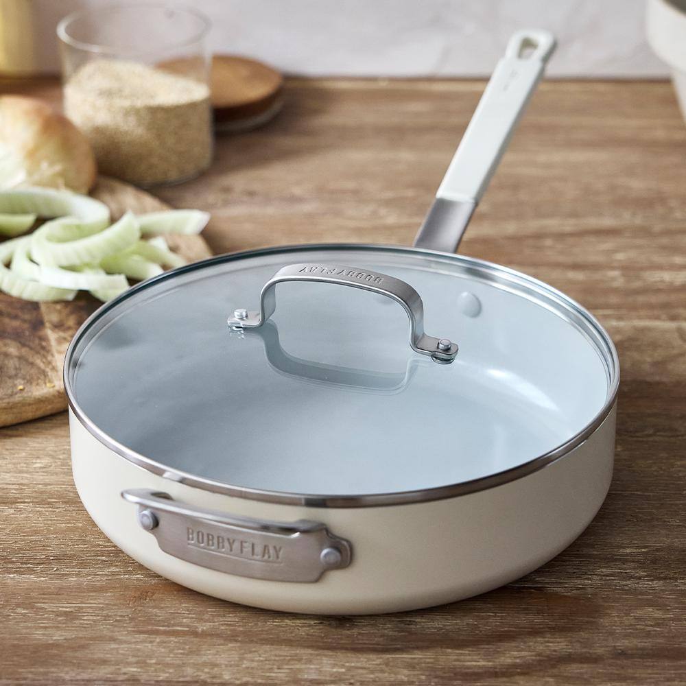 Cream 4.5QT Ceramic Nonstick Aluminum Sauté Pan with Glass Lid